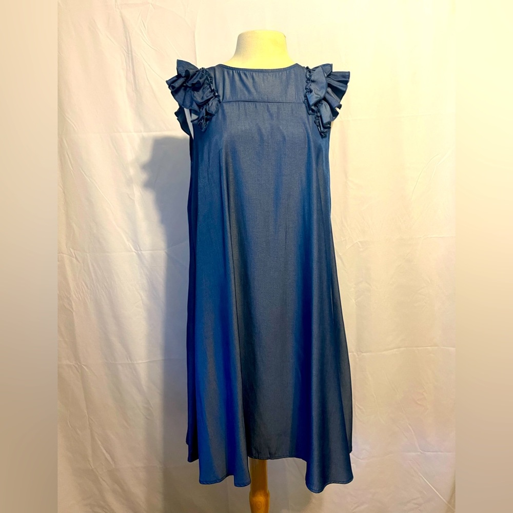 Shein Chambray Denim Ruffle Accent Sleeveless Dress, Size: L
